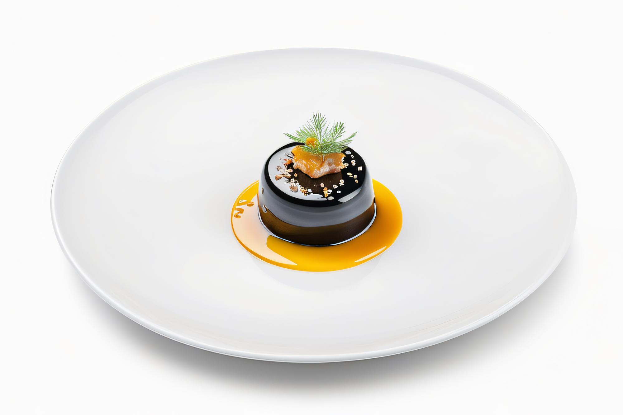 Chef plating a modern dish in studio